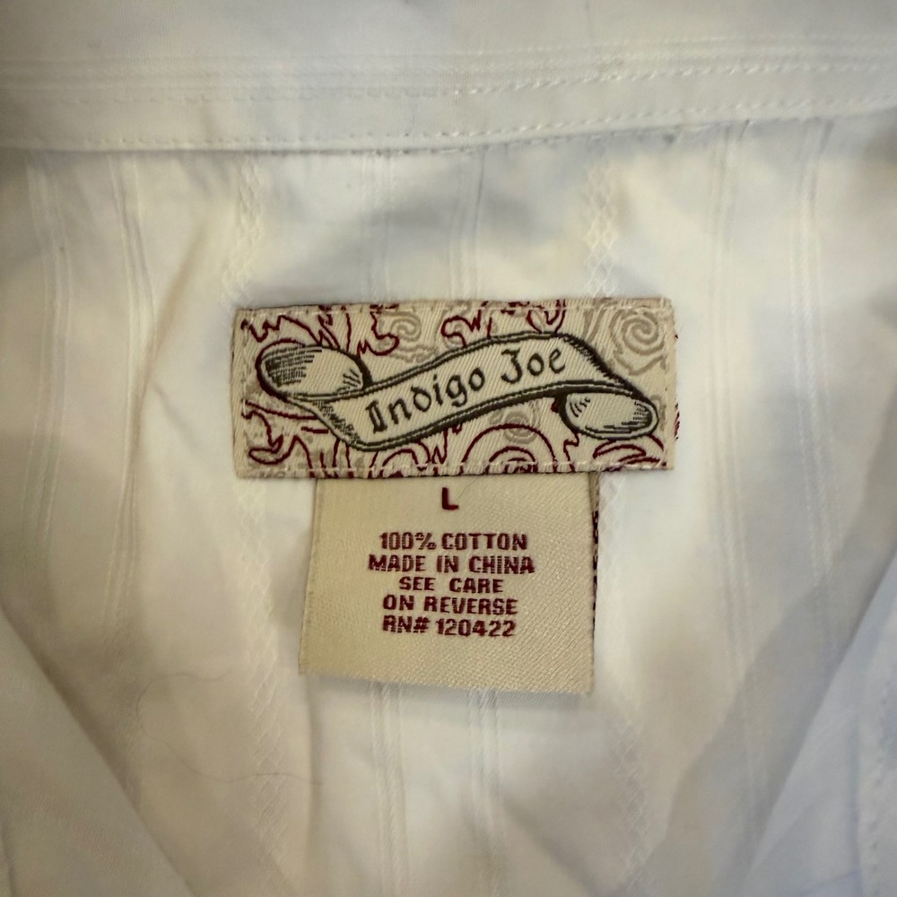 Indigo Joe White Dobby Stripe Graphic Embroidered Button Down Shirt Large White - Picture 7 of 9